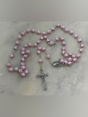Pink Rosary Necklace with Crucifix - Religious Women Jewelry